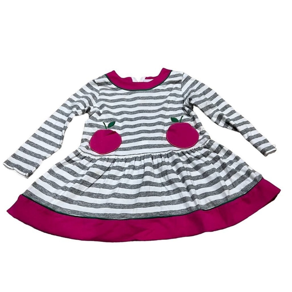 Florence Eiseman Girls 3T Stripe Knit Dress Gray Apple Appliques Casual